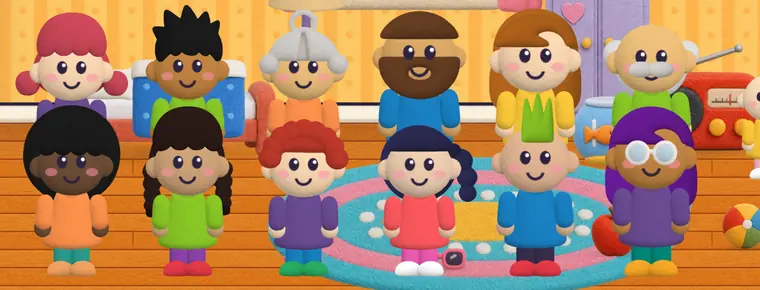 Viele bunte Filz-Figuren stehen nebeneinander im Kinderzimmer