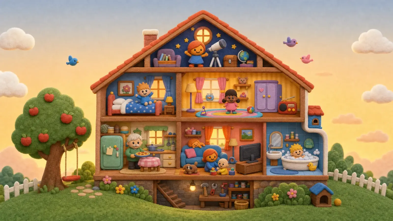 Ein aufgeschnittenes Puppenhaus aus Filz mit Kinderzimmer, Küche, Bad und Garten